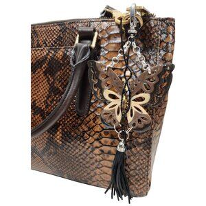 Brown Handpainted Wooden Butterfly Purse Leather Tassel Stone Beaded Leather